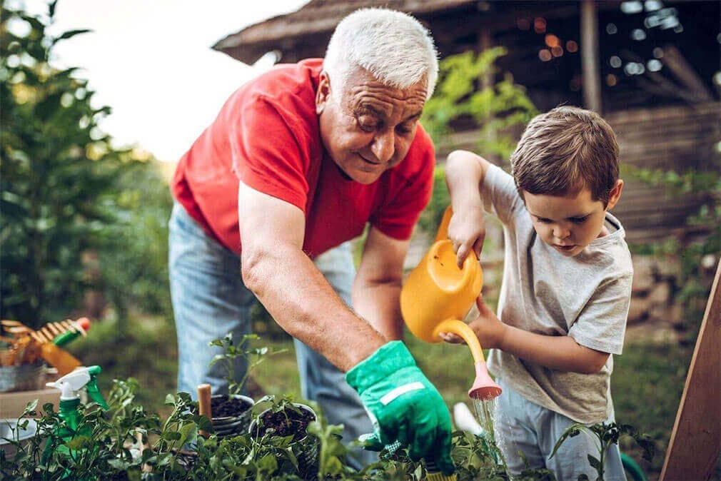Grandfather gardening with his grandson